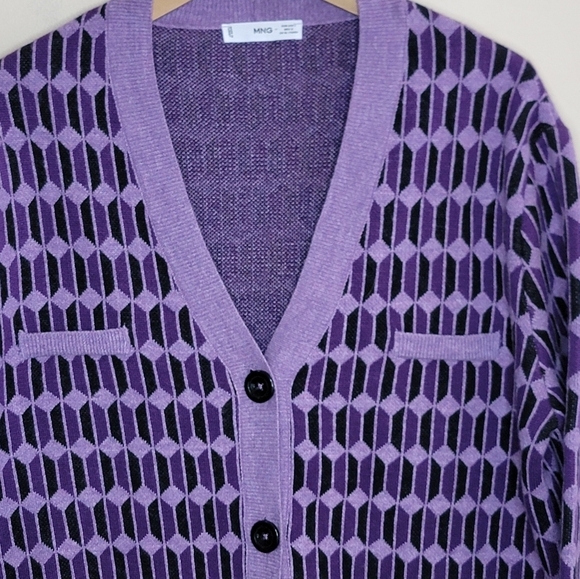Mango MNG | Purple Geometric Longline Cardigan Sweater BTS Army Size Large - Picture 3 of 6